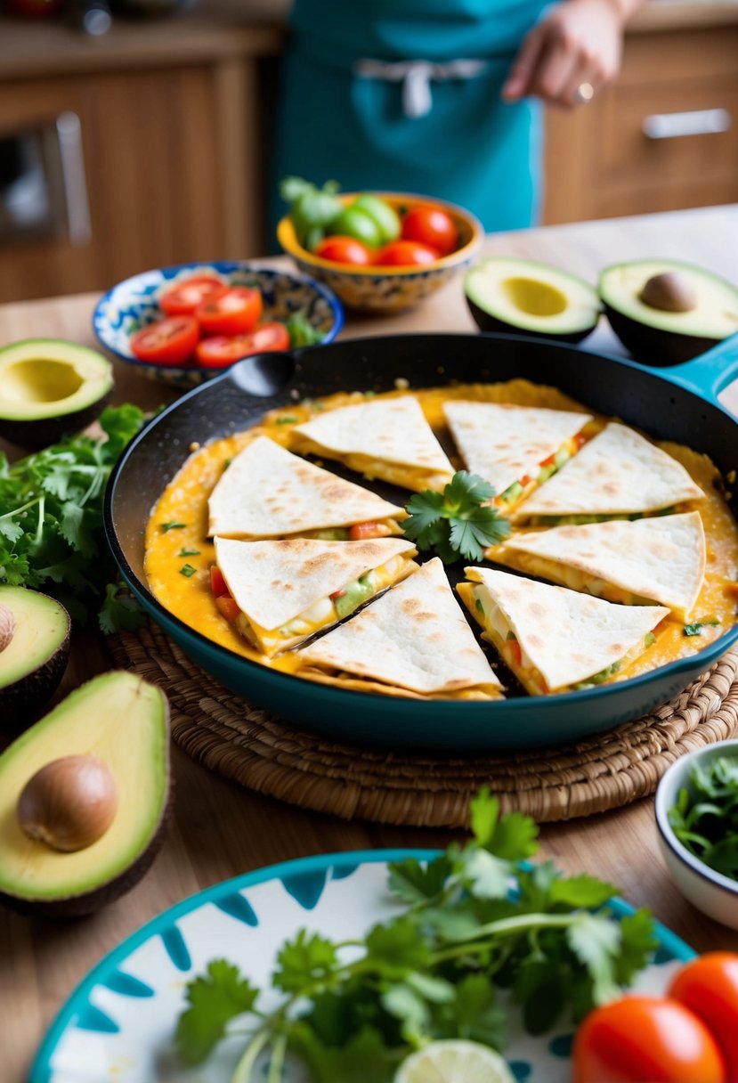 A colorful Southwest kitchen with a sizzling skillet of egg white quesadillas surrounded by fresh ingredients like avocado, tomatoes, and cilantro