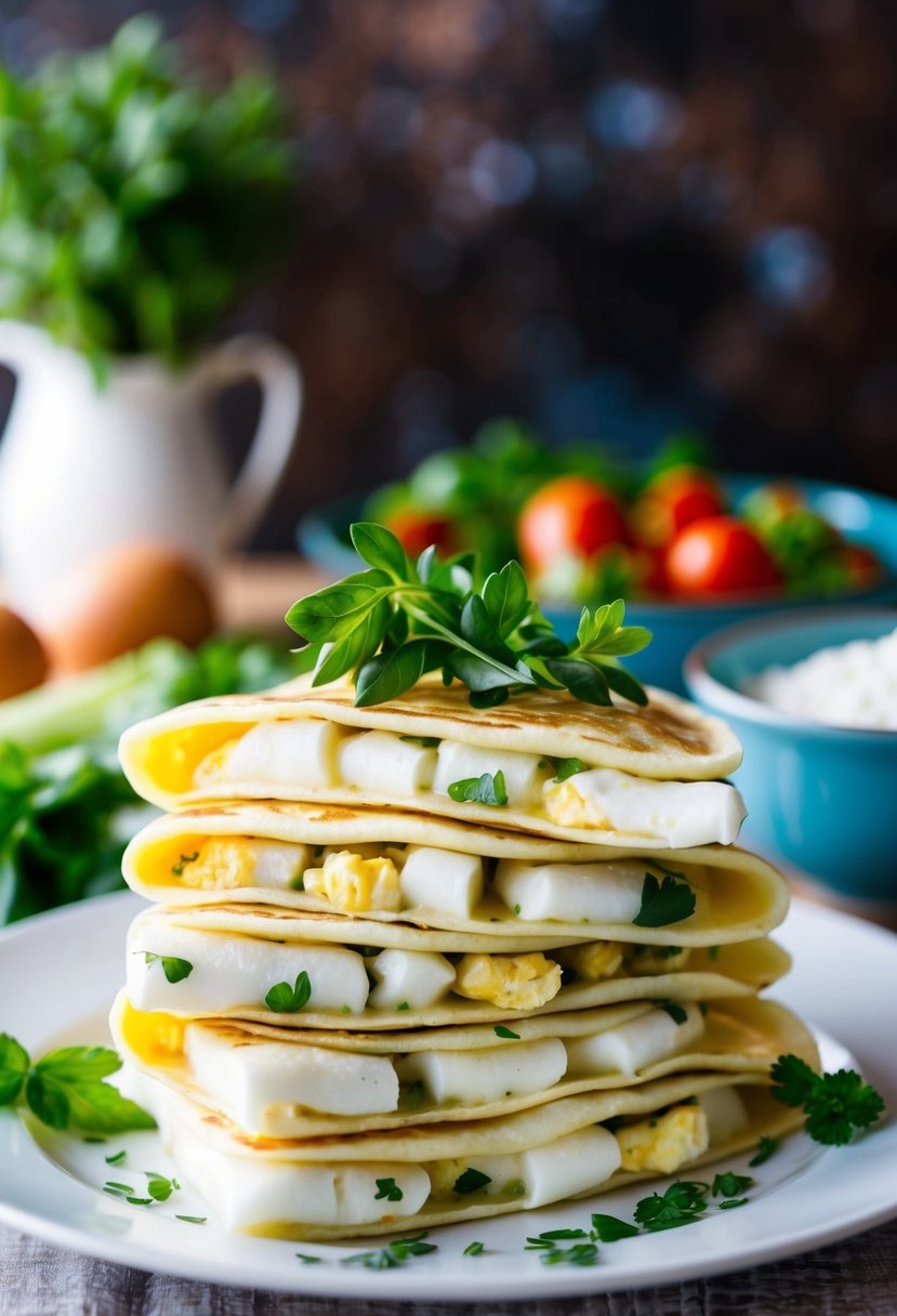 A stack of savory herb egg white crepes with fresh herbs and vegetables on a plate