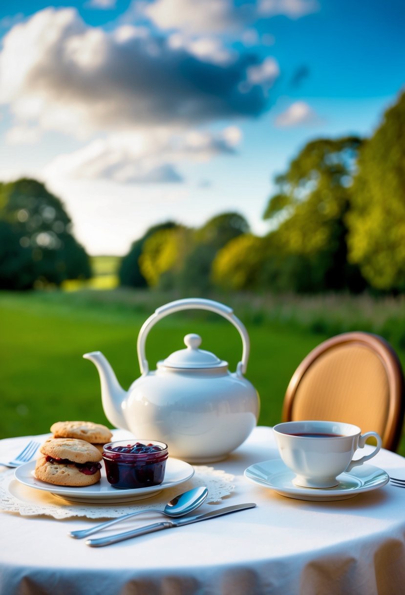 A table set with a teapot, scones, and jam, surrounded by English countryside scenery