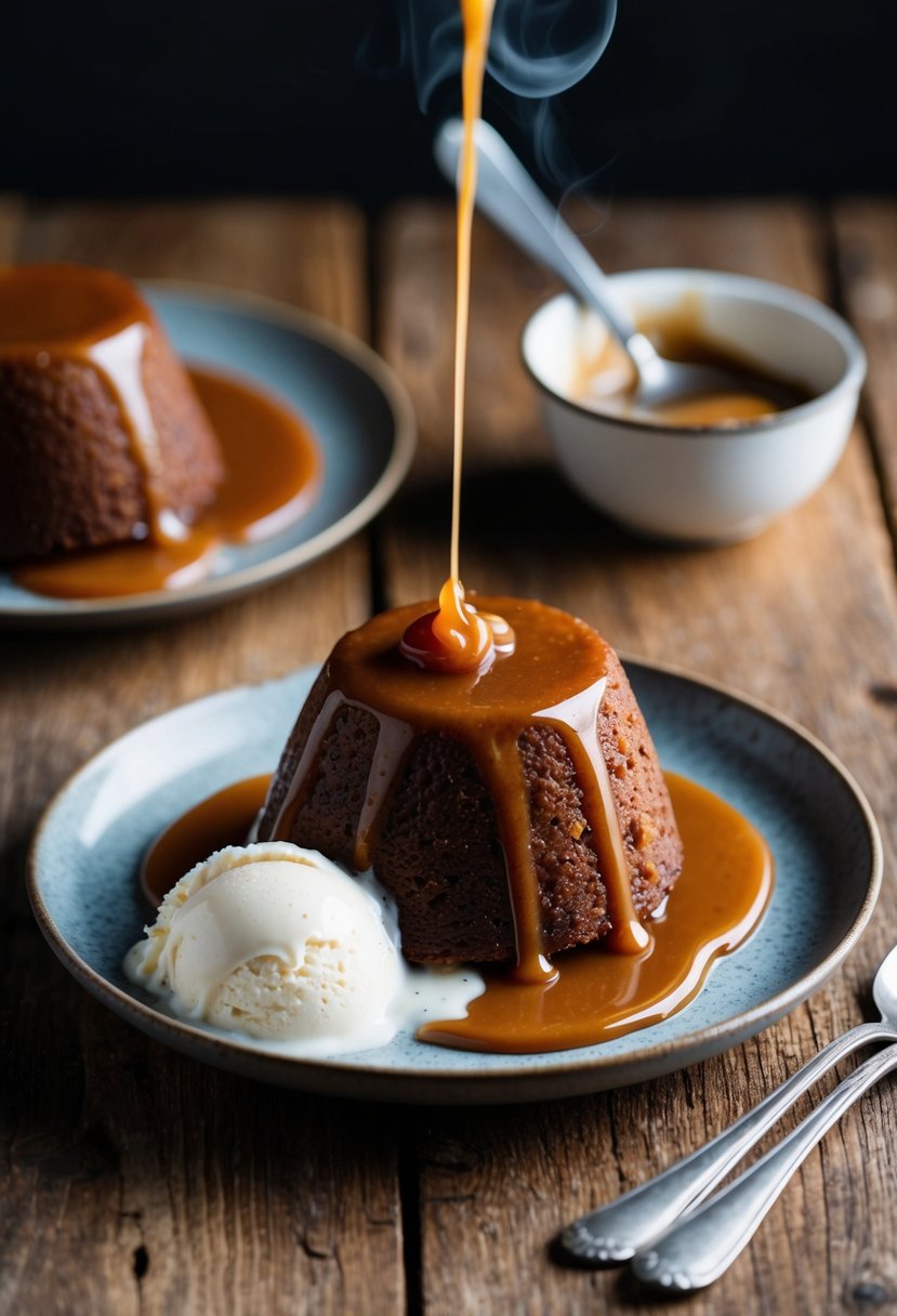 A steaming sticky toffee pudding sits on a rustic wooden table, surrounded by a drizzle of warm toffee sauce and a dollop of creamy vanilla ice cream