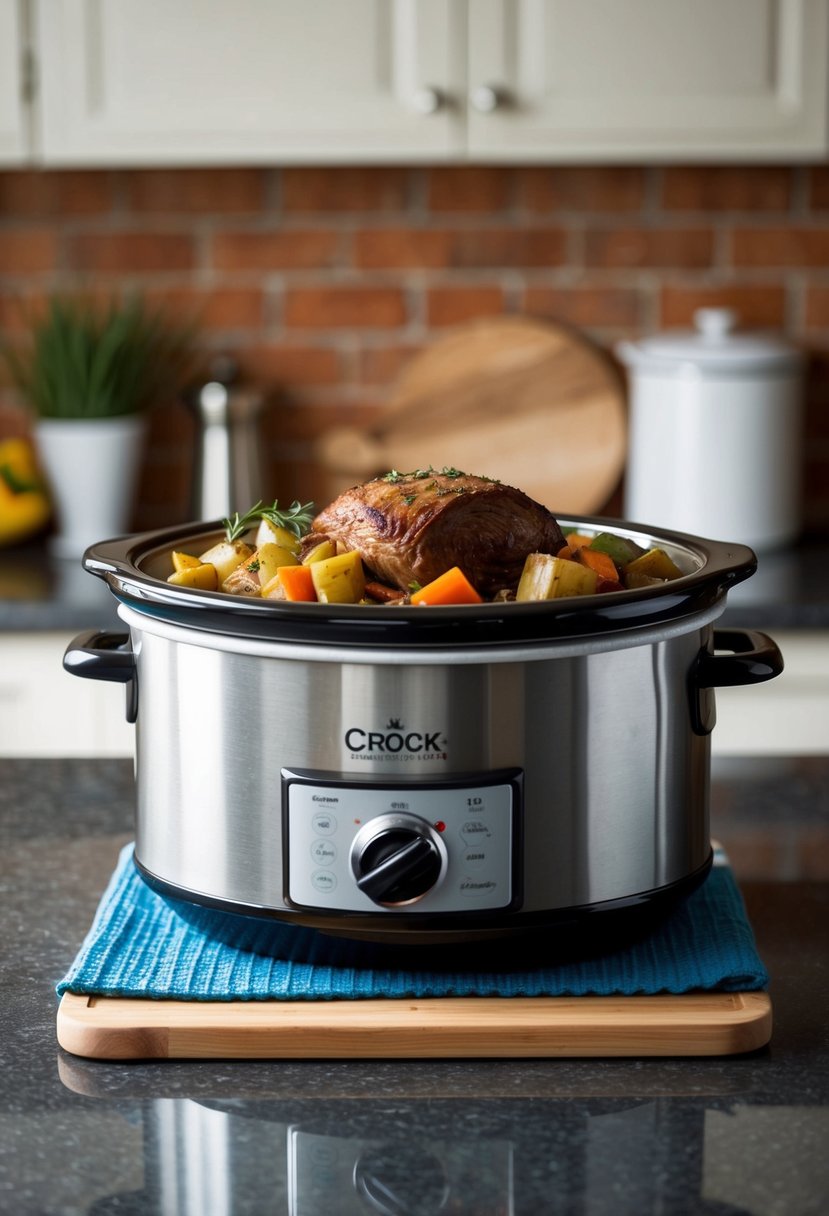 A crock pot filled with savory roast and vegetables simmering on a kitchen counter