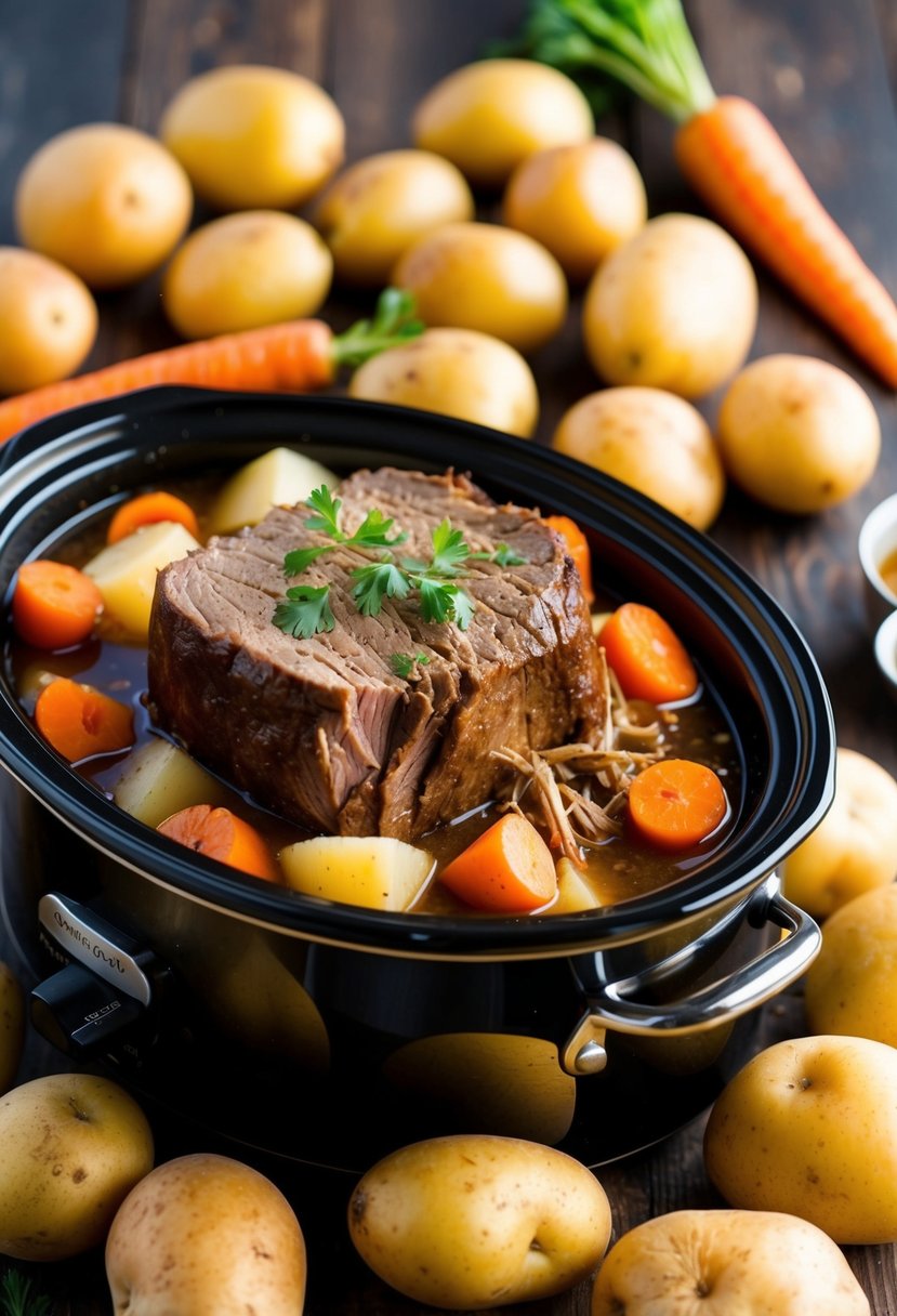 A hearty pot roast surrounded by potatoes and carrots cooking in a crock pot