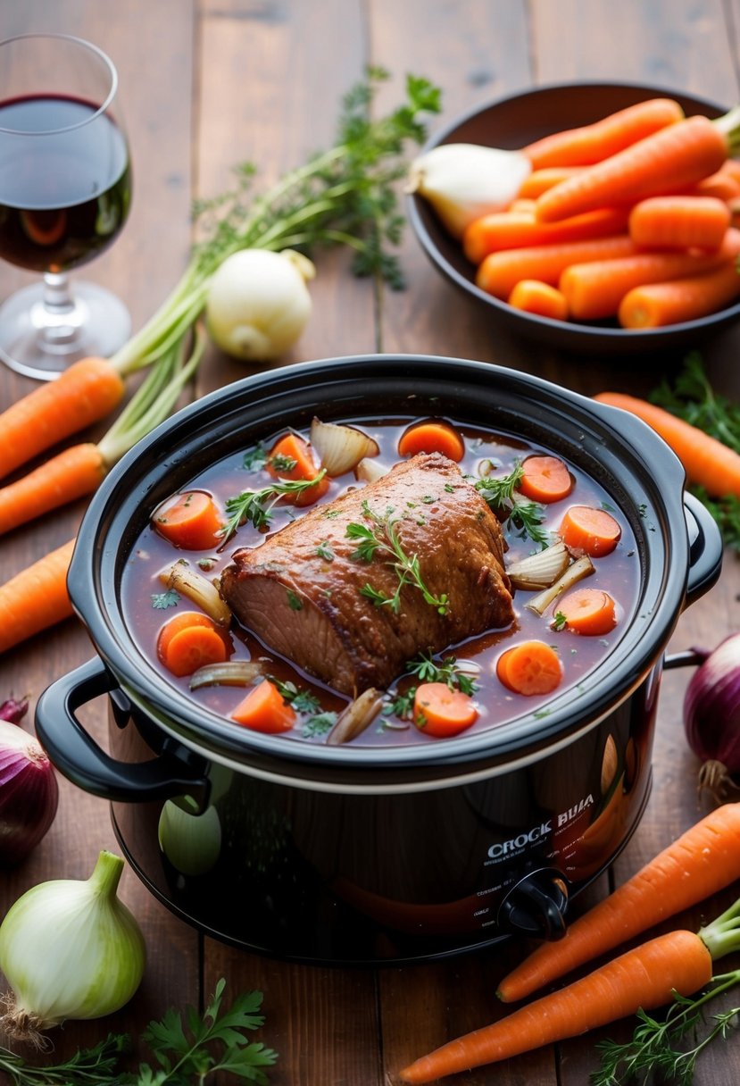 A bubbling crock pot filled with a savory red wine pot roast surrounded by carrots, onions, and herbs