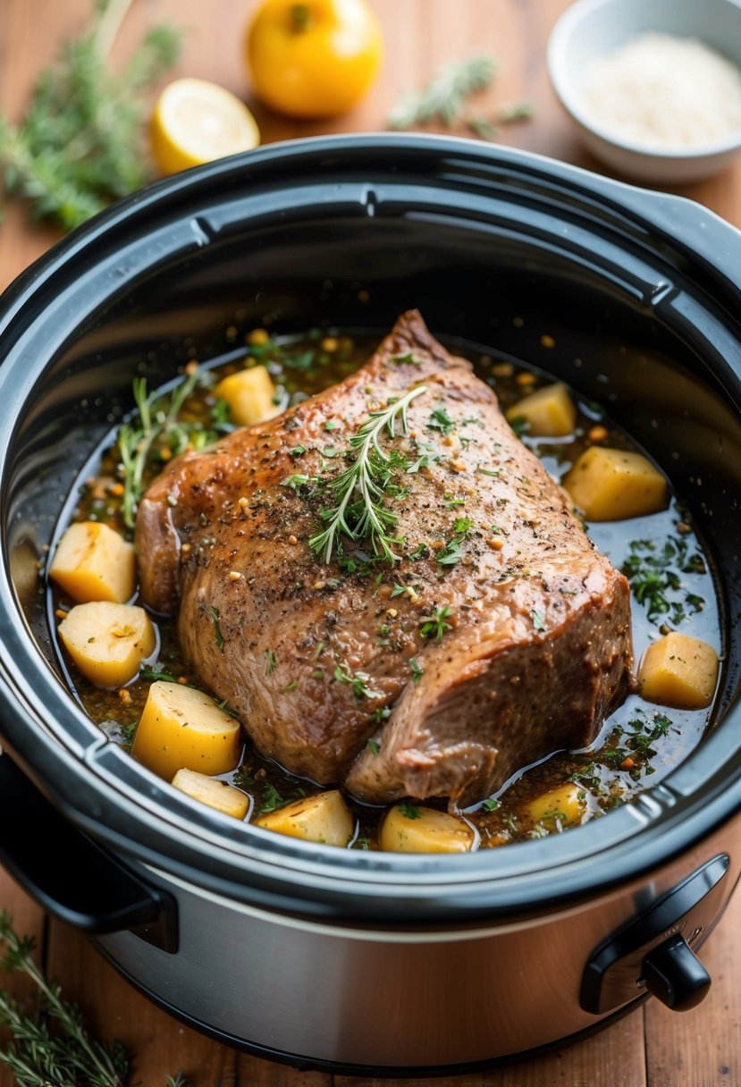 A chuck roast surrounded by herbs and seasonings in a bubbling crock pot