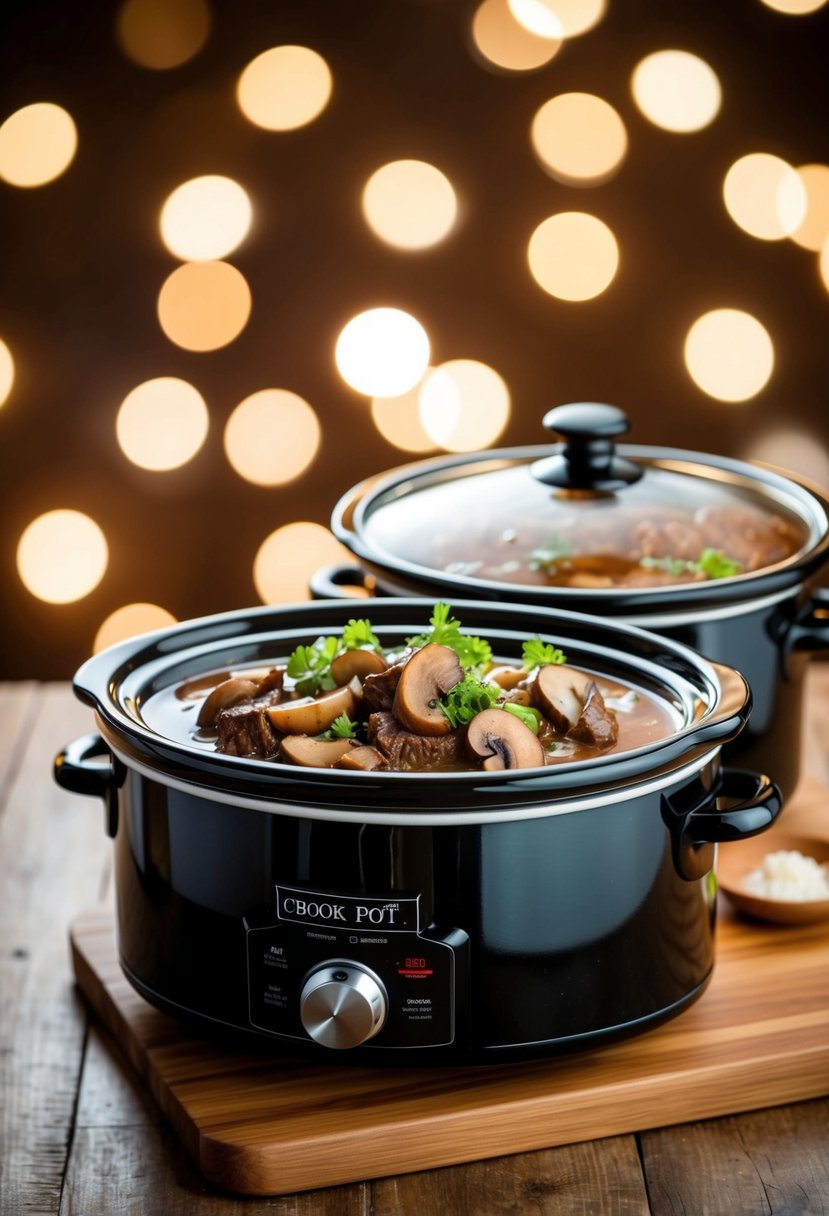 A beef mushroom slow cooker delight simmers in a crock pot