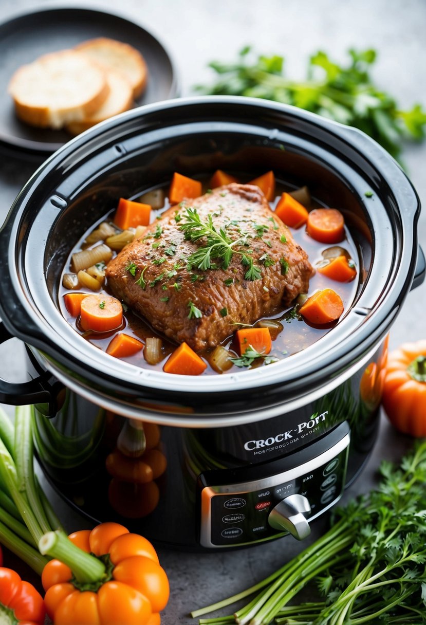 A crock pot filled with tangy onion soup mix roast surrounded by fresh vegetables and herbs