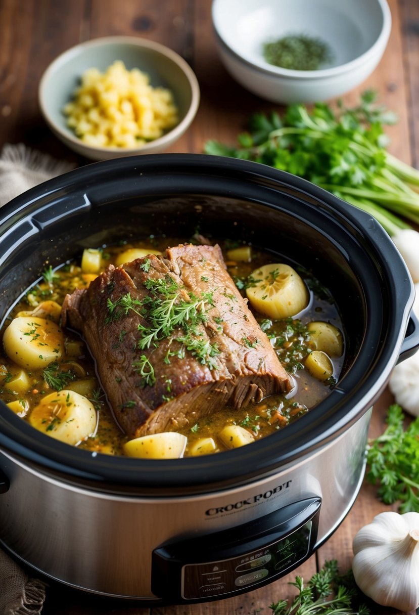 A bubbling crock pot filled with tender garlic-infused pot roast, surrounded by aromatic herbs and vegetables