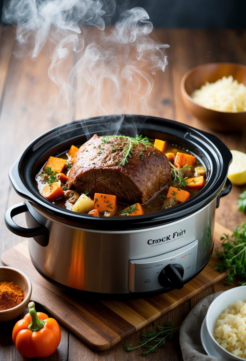 A crock pot filled with aromatic spices, vegetables, and a succulent roast, surrounded by steam rising from the slow-cooking dish