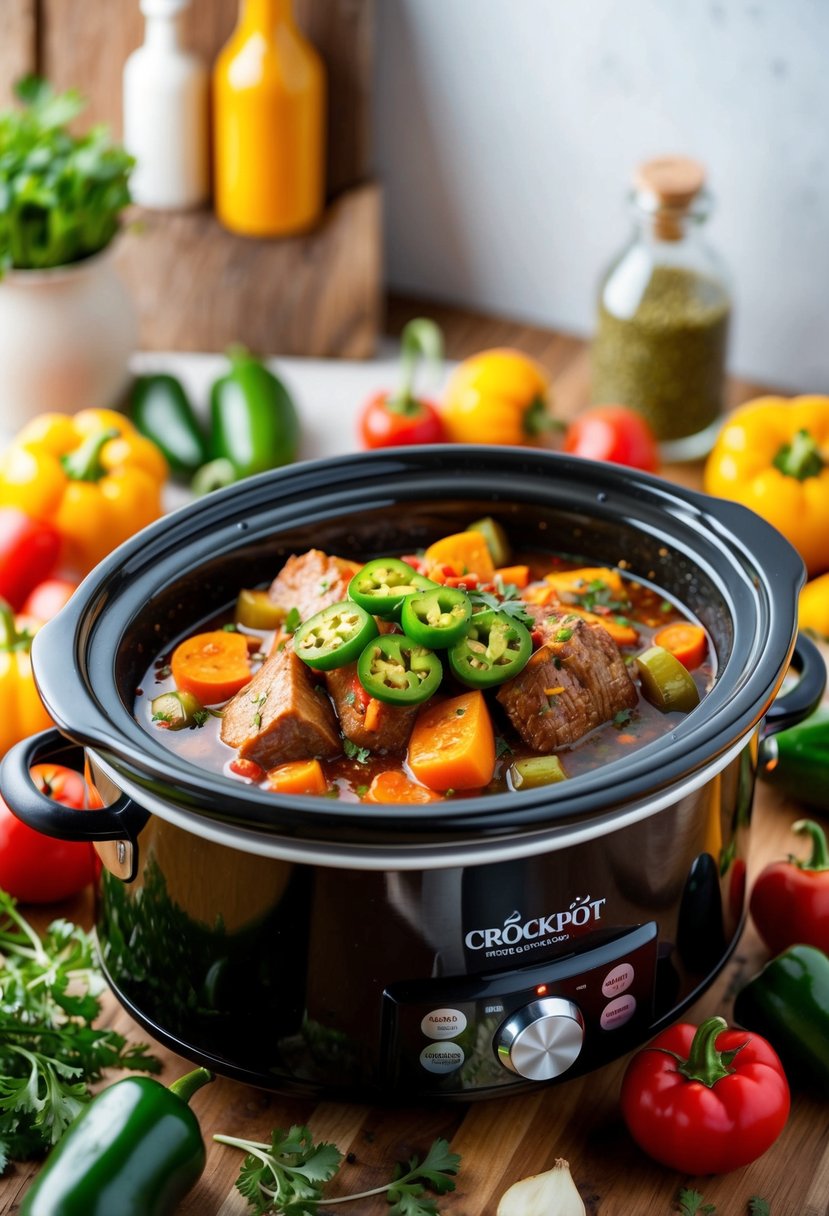 A bubbling crockpot filled with spicy jalapeño pot roast surrounded by colorful vegetables and aromatic herbs