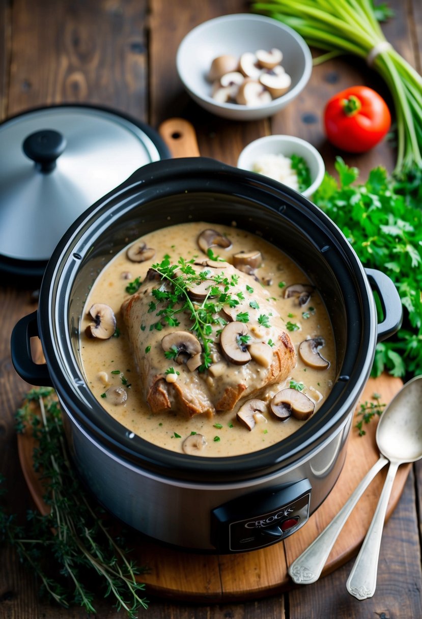 A crock pot filled with a creamy mushroom sauce roast, surrounded by fresh herbs and vegetables on a rustic wooden table