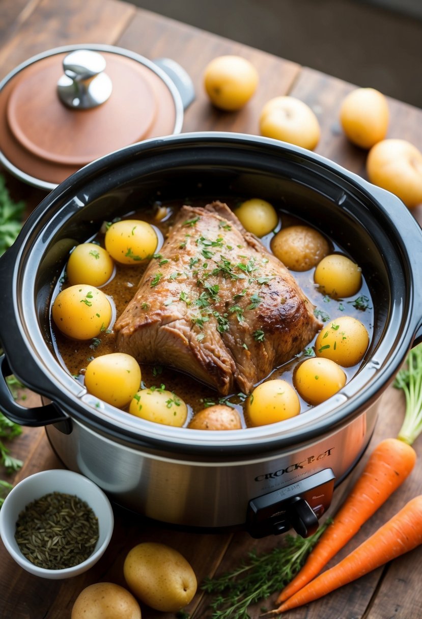 A bubbling crock pot filled with tender pot roast, surrounded by rustic ranch ingredients like potatoes, carrots, and herbs