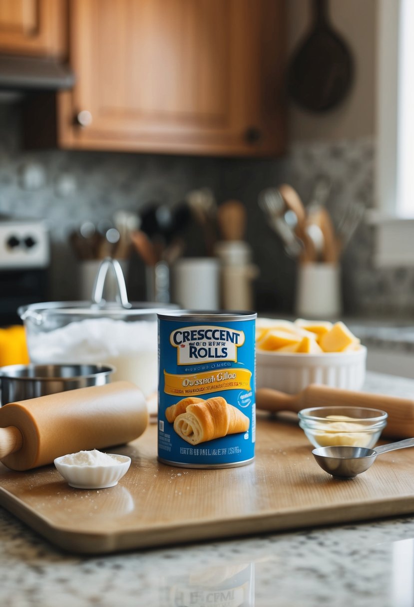 A kitchen counter with various ingredients and utensils, including a can of crescent rolls, a rolling pin, and a baking sheet