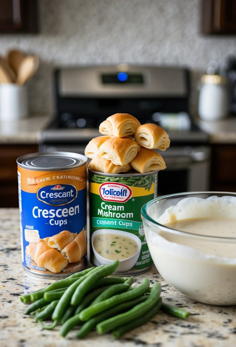 A kitchen counter with ingredients for green bean casserole crescent cups, including a can of crescent rolls, green beans, cream of mushroom soup, and a mixing bowl