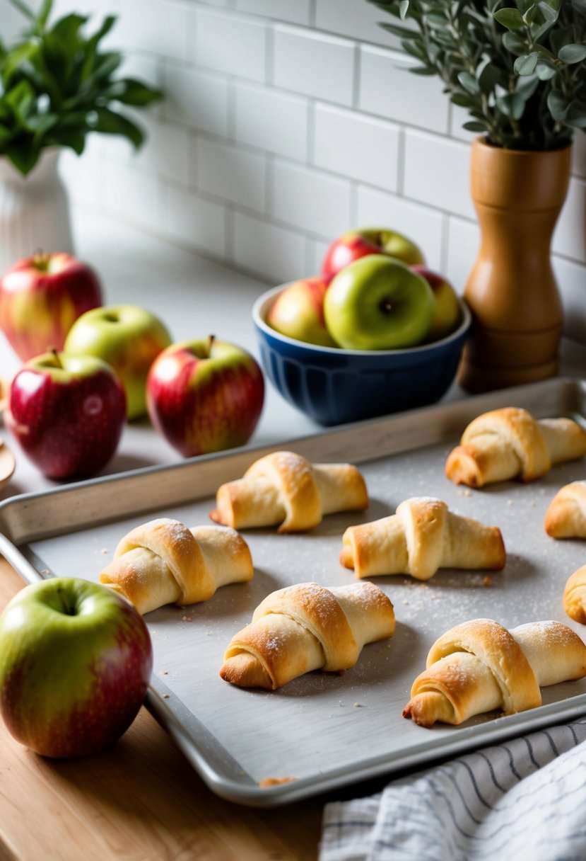 A kitchen counter with ingredients (apples, crescent rolls), a rolling pin, and a baking sheet with freshly baked apple crescent dumplings