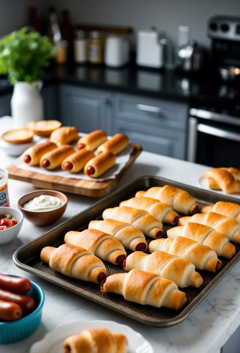 A kitchen counter with a tray of freshly baked crescent dogs, surrounded by ingredients like crescent rolls, hot dogs, and condiments