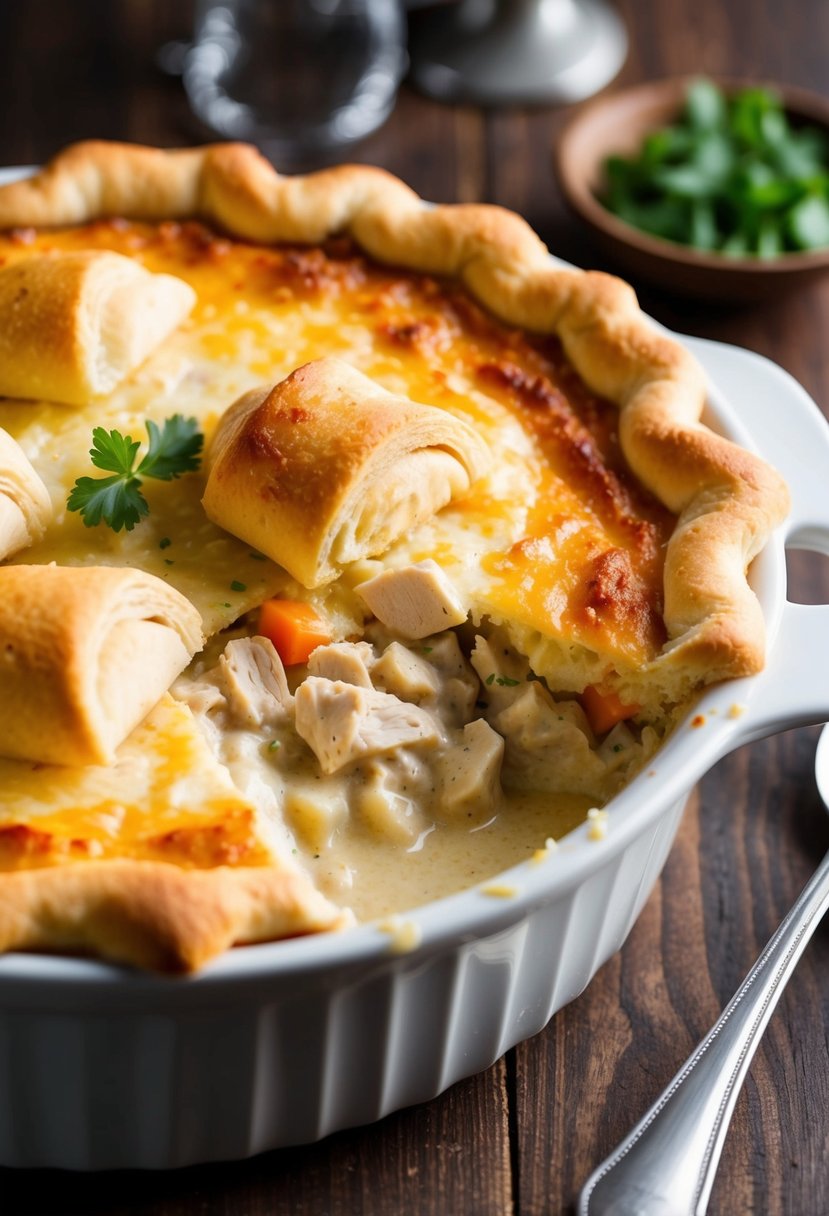 A golden-brown casserole dish filled with creamy chicken pot pie filling and topped with flaky, buttery crescent roll crust