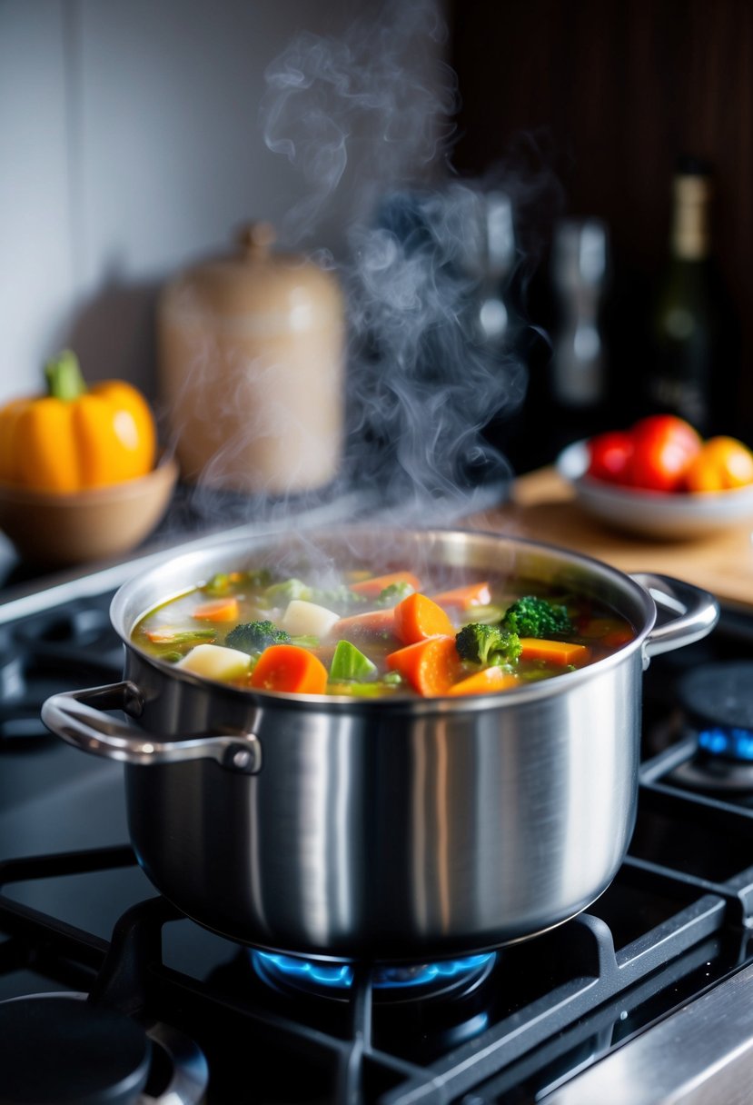 A steaming pot filled with colorful vegetables and bubbling broth on a stovetop