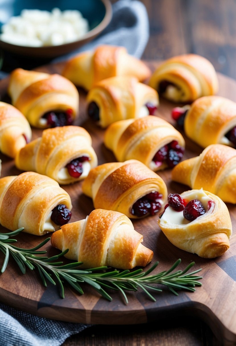 A platter of golden-brown crescent roll bites filled with cranberry and brie, arranged on a rustic wooden board with a sprig of fresh rosemary