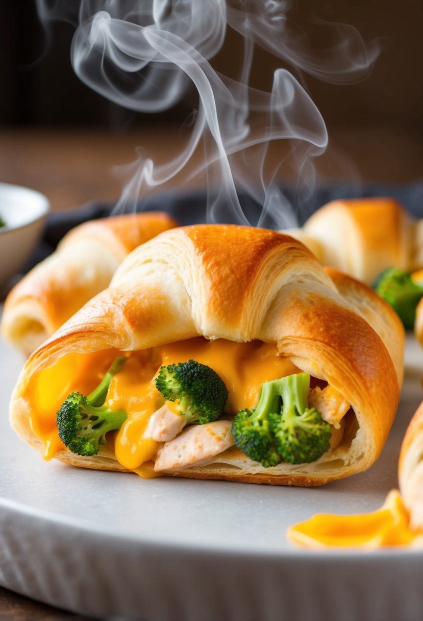 A golden-brown crescent roll pocket filled with cheesy chicken and broccoli, steam rising from the flaky crust