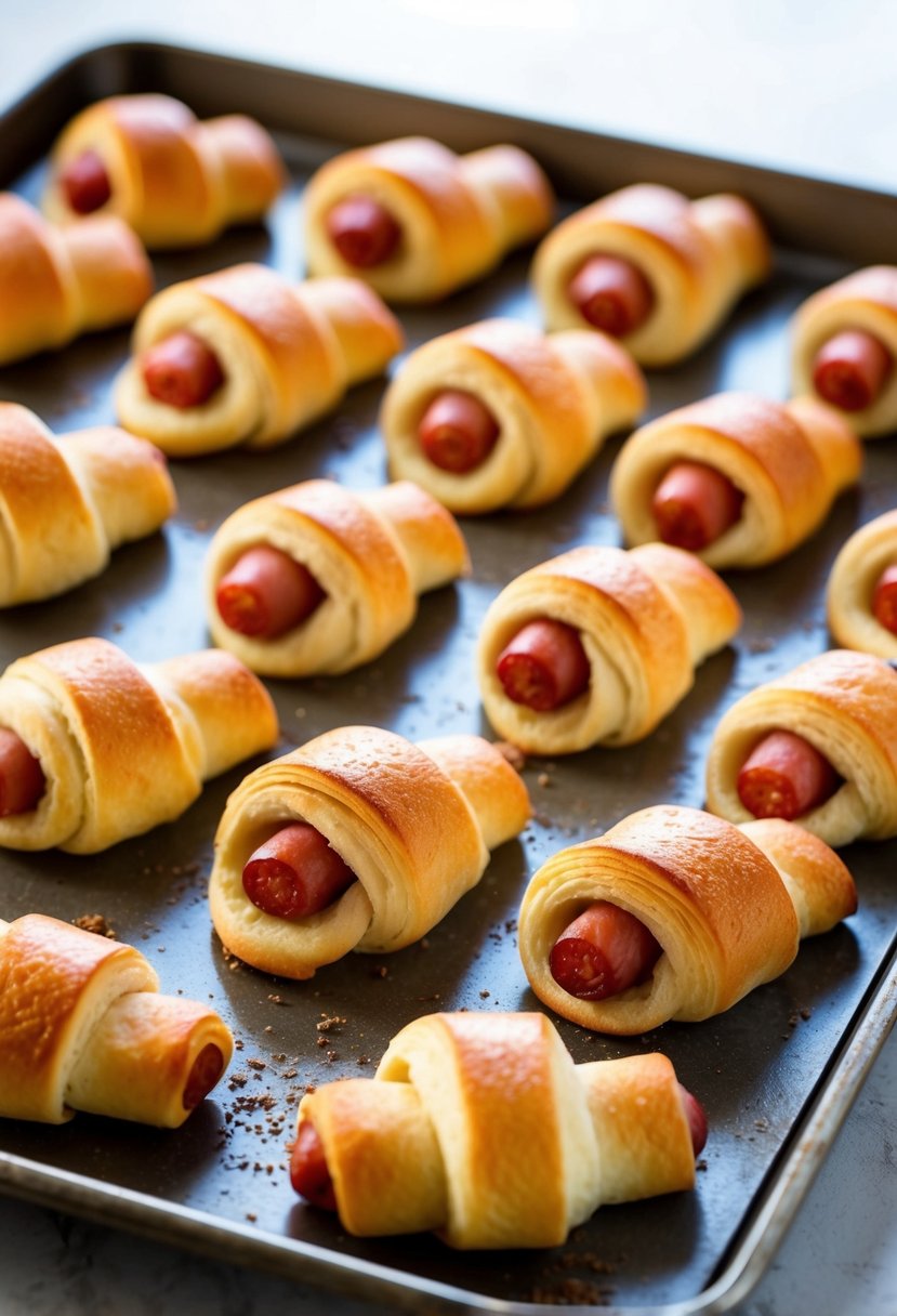 A baking sheet with freshly baked pigs in a blanket made with golden brown crescent rolls, arranged in a neat row