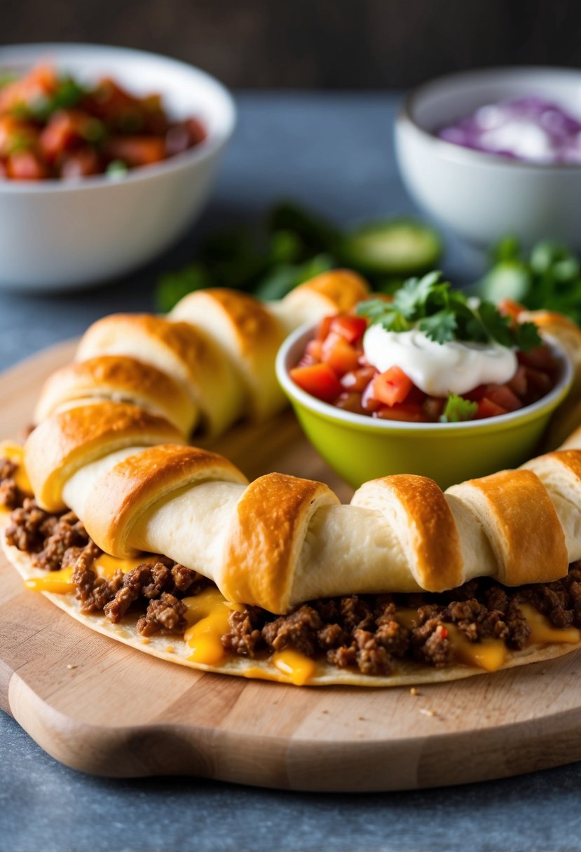 A taco ring made with crescent rolls, filled with seasoned ground beef, cheese, and topped with salsa and sour cream