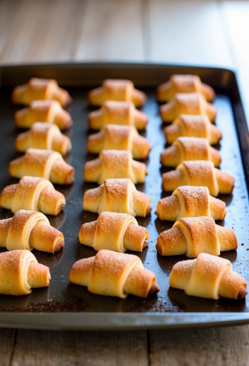 A baking sheet with mini cinnamon crescent bites arranged in a neat row, fresh out of the oven