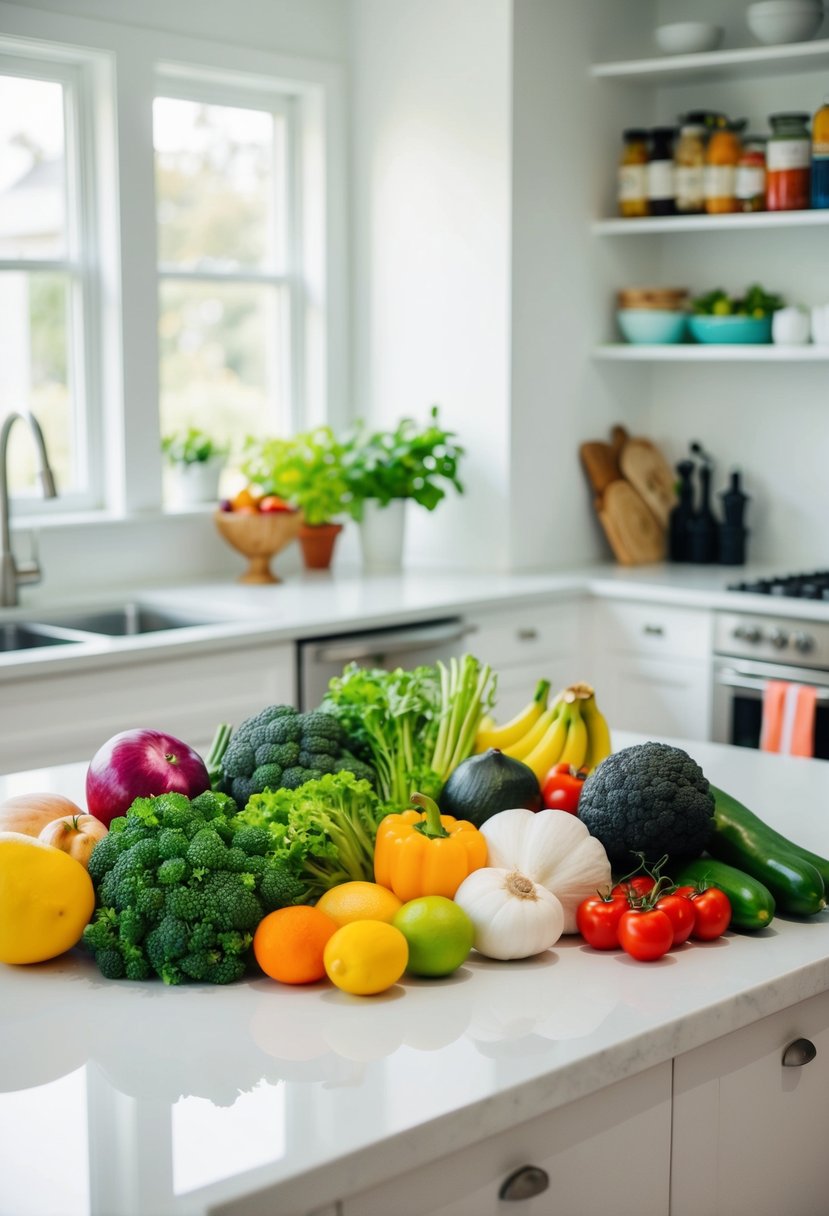 A variety of colorful, fresh ingredients arranged on a clean, white kitchen countertop