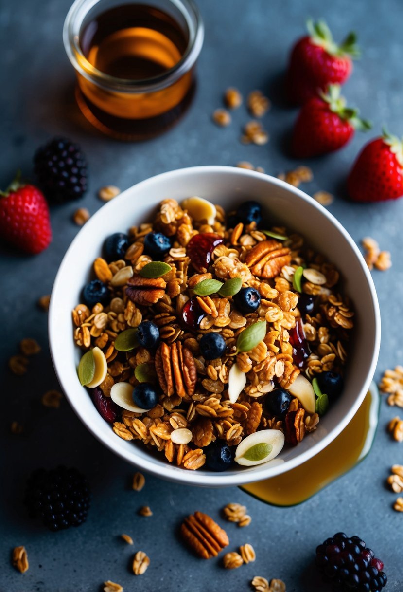 A bowl of maple granola with nuts and seeds, surrounded by fresh berries and a drizzle of maple syrup