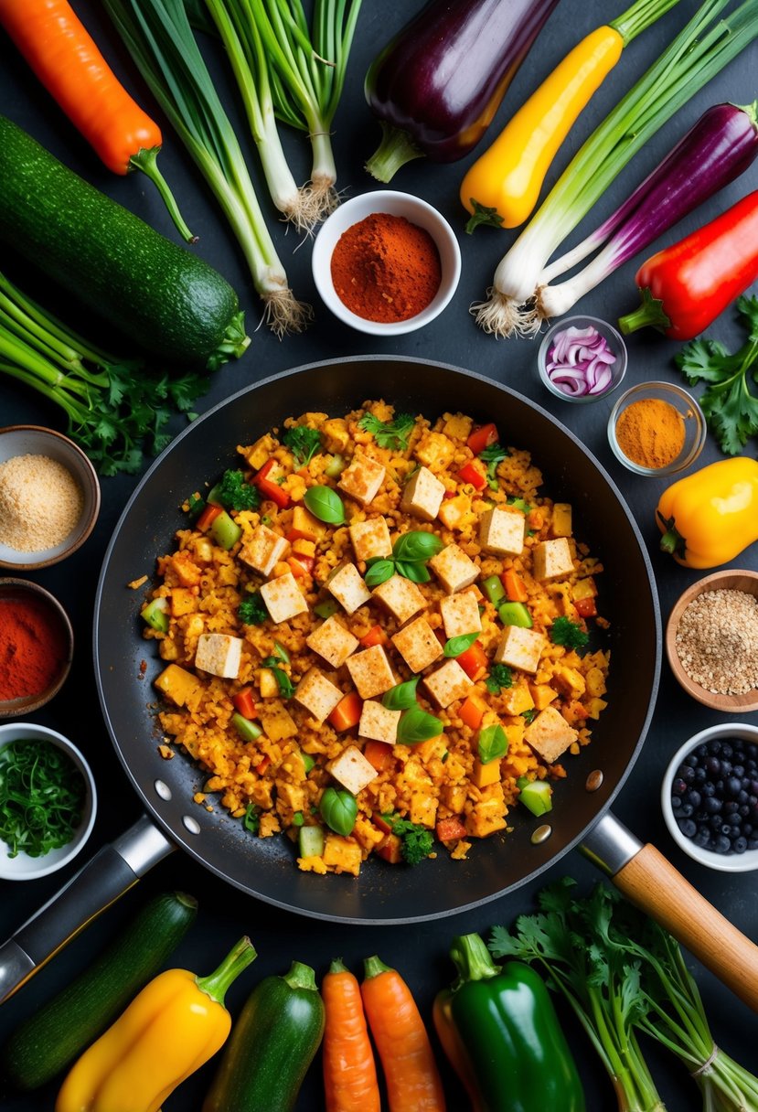 A colorful array of fresh vegetables and spices arranged around a sizzling pan of scrambled tofu