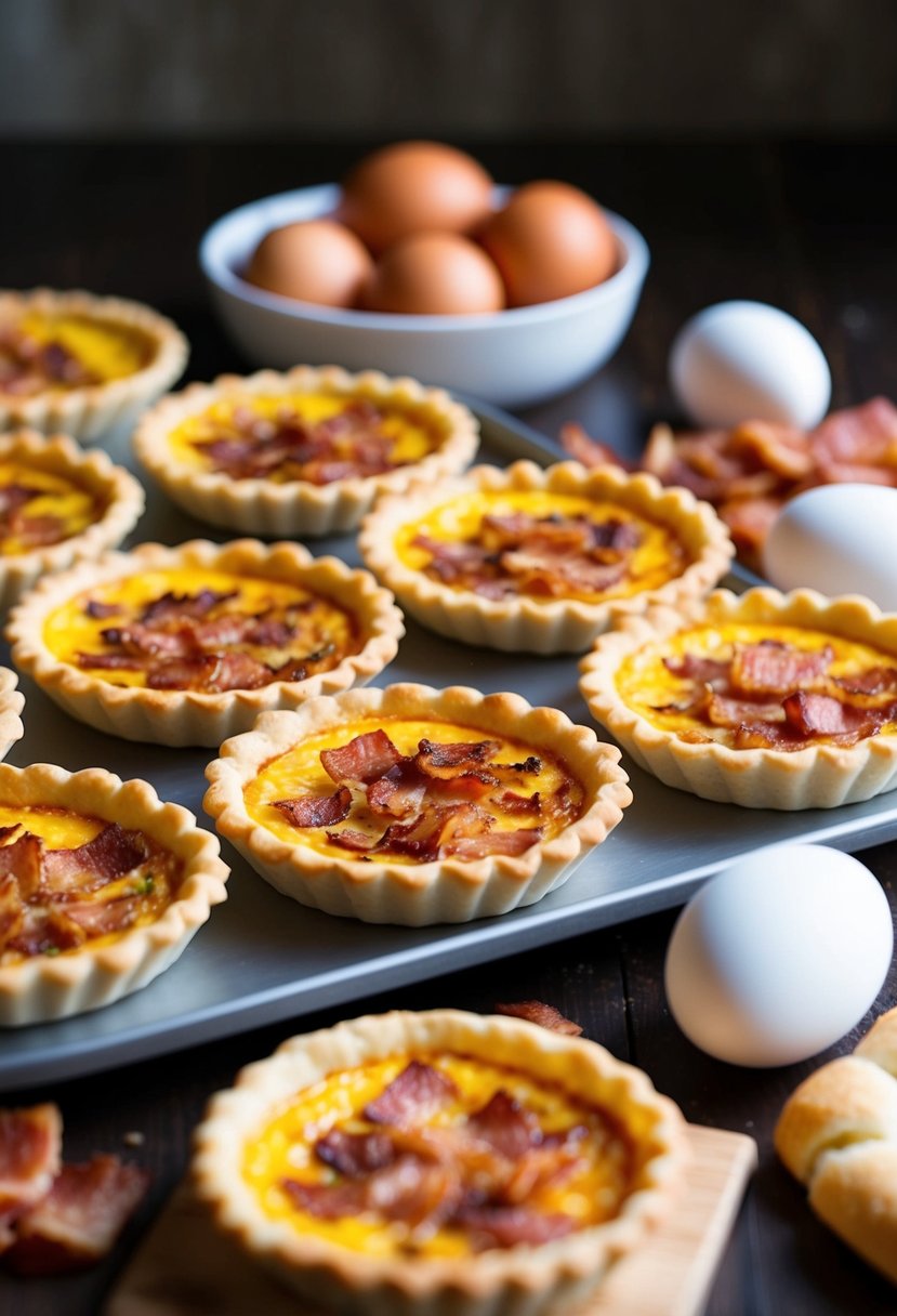 A table with a tray of golden-brown bacon quiche tarts, surrounded by ingredients like eggs, bacon, and crescent roll dough