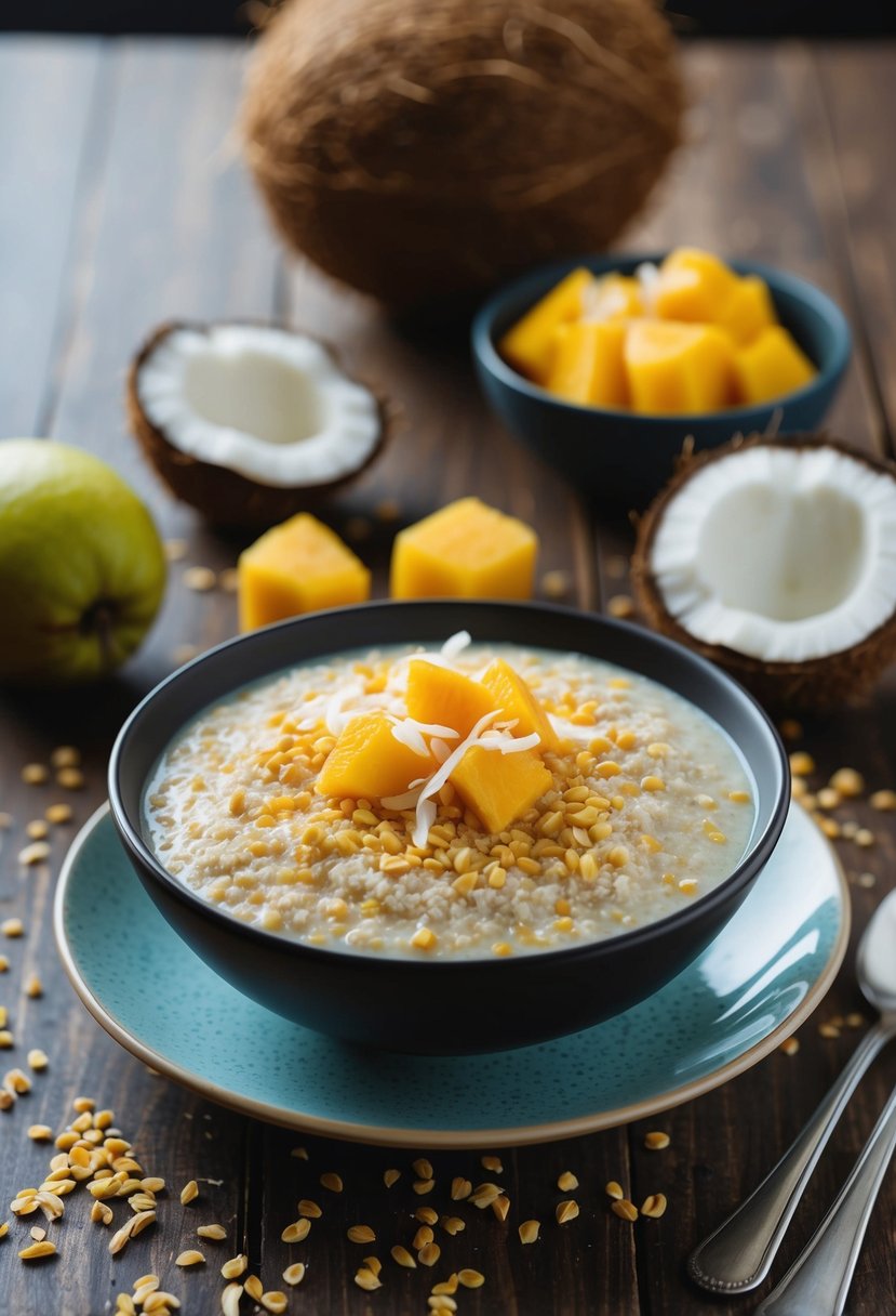 A bowl of tropical millet porridge surrounded by fresh fruits and coconut flakes on a wooden table