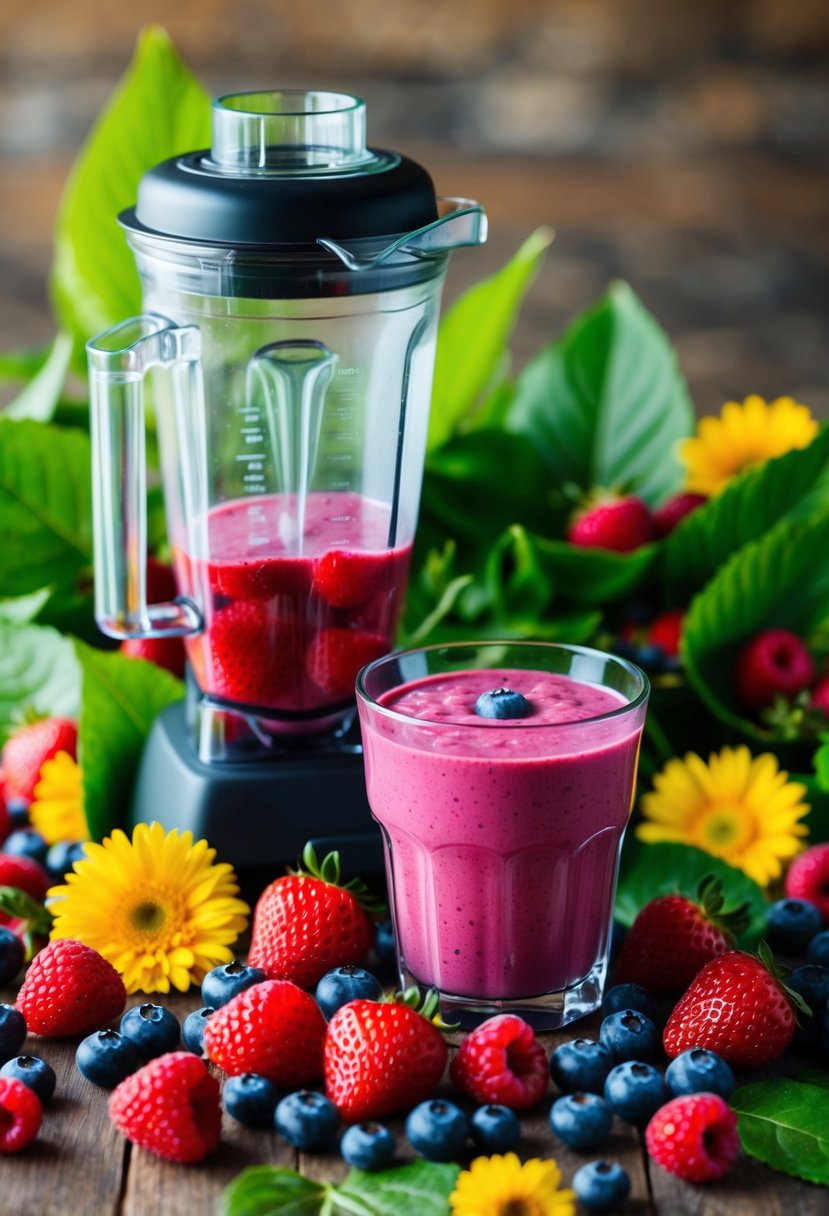 A colorful array of fresh berries, a blender, and a glass filled with a vibrant pink smoothie surrounded by green leaves and flowers