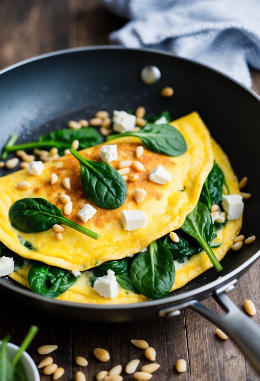 A sizzling omelette in a non-stick pan, filled with vibrant green spinach, crumbled feta cheese, and golden pine nuts