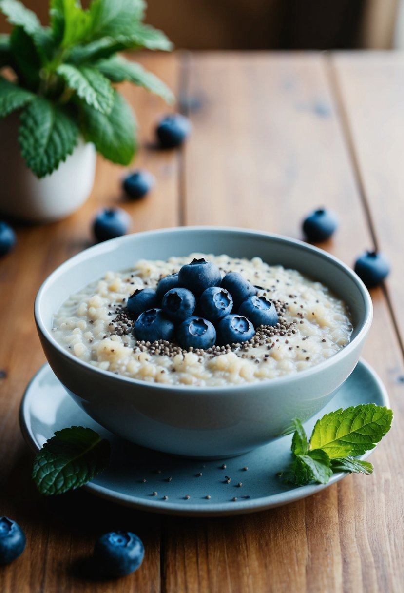 A bowl of quinoa porridge topped with blueberries and a sprinkle of chia seeds, surrounded by a few fresh mint leaves on a wooden table