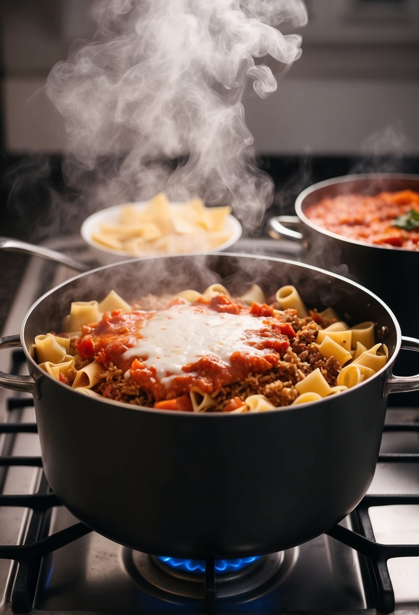 A large pot simmering on a stove, filled with layers of pasta, tomato sauce, cheese, and ground meat, steaming and bubbling as it cooks