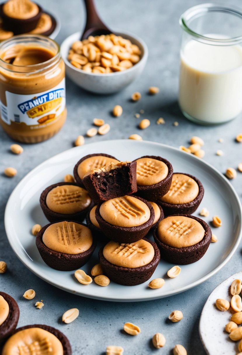 A plate of Peanut Butter Brownie Bites surrounded by scattered peanuts and a jar of peanut butter, with a glass of milk on the side