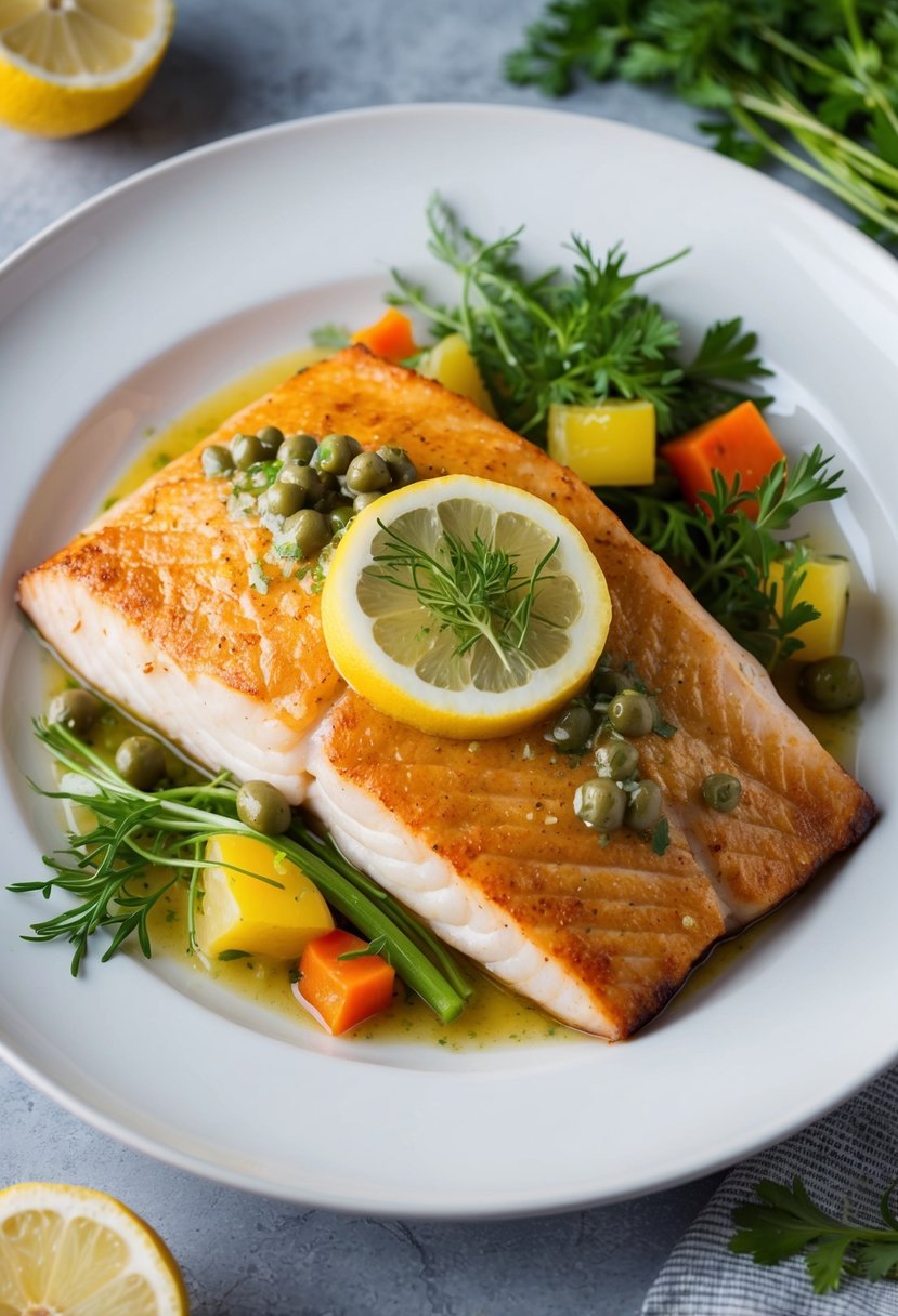 A golden-brown sea bass fillet topped with a zesty lemon caper dressing, surrounded by fresh herbs and colorful vegetables on a white plate