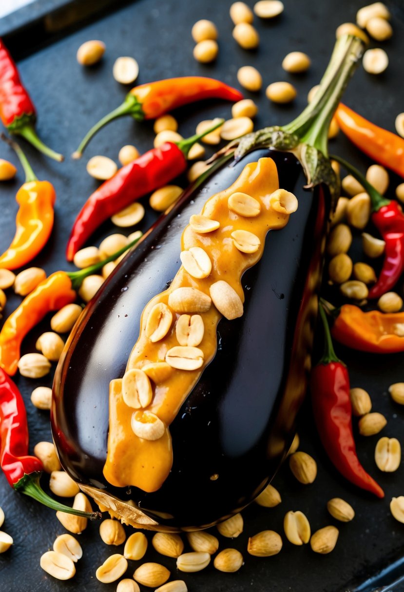 A whole roasted aubergine topped with a spicy peanut dressing, surrounded by scattered chilli peppers and peanuts