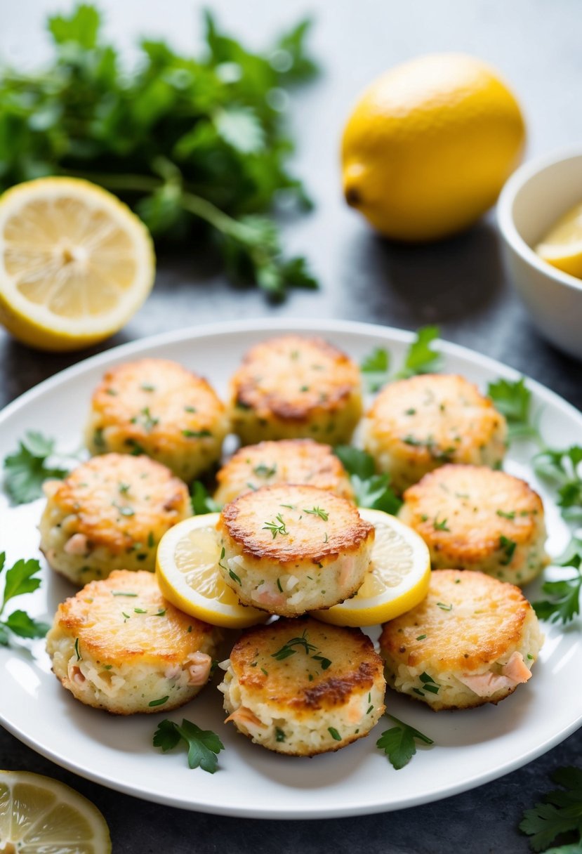 A plate of mini fish cakes with salmon and lemon, surrounded by fresh herbs and slices of lemon