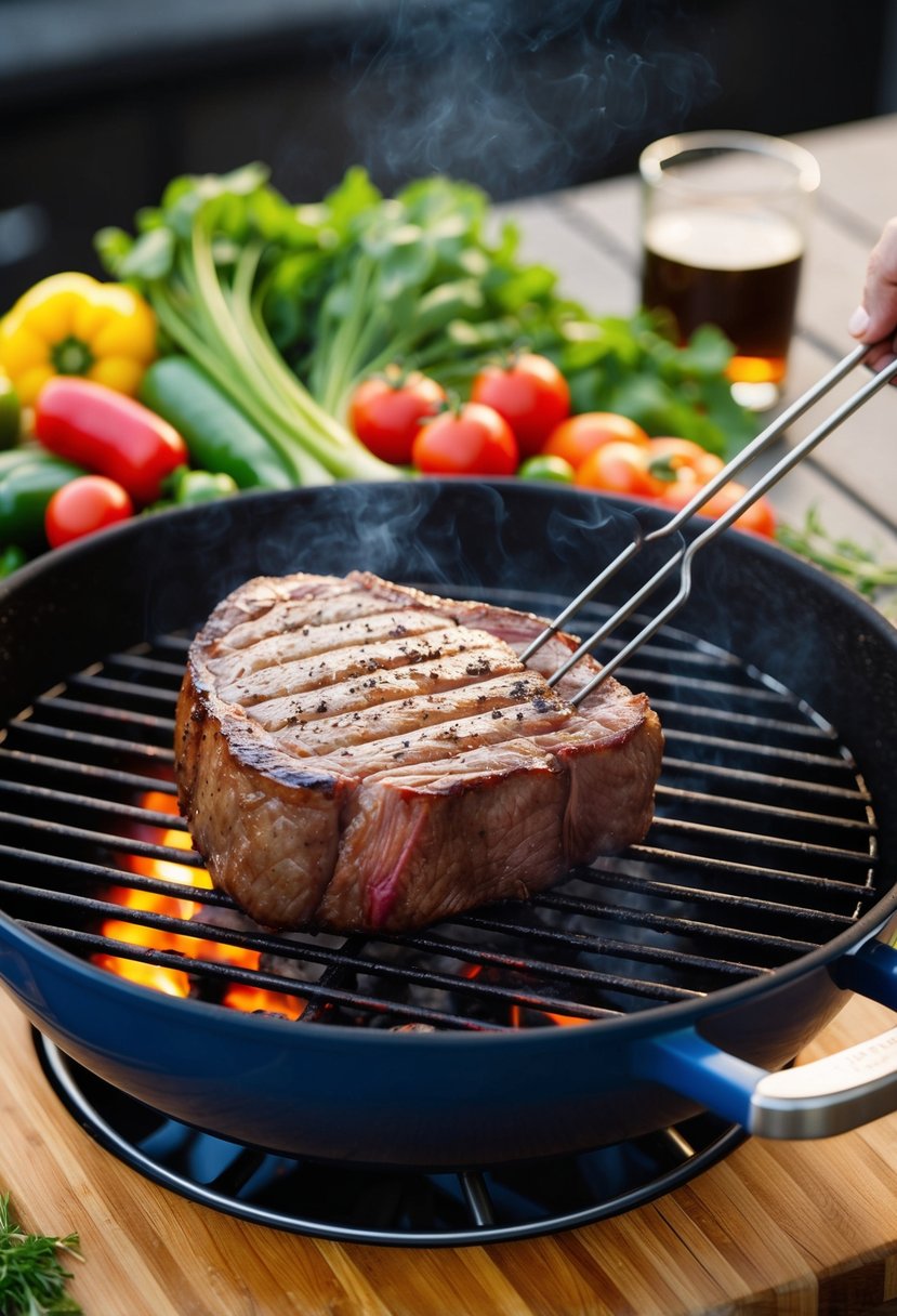 A sizzling eye of round steak being grilled on a hot barbecue, surrounded by colorful vegetables and herbs on a wooden cutting board