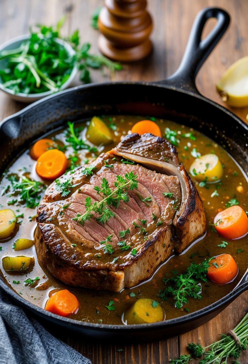 A cast iron skillet with braised eye of round steak, surrounded by herbs and vegetables, simmering in a rich, savory sauce