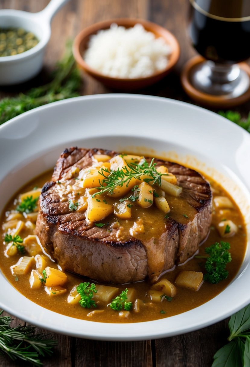 A sizzling eye of round steak smothered in rich onion gravy, surrounded by aromatic herbs and spices