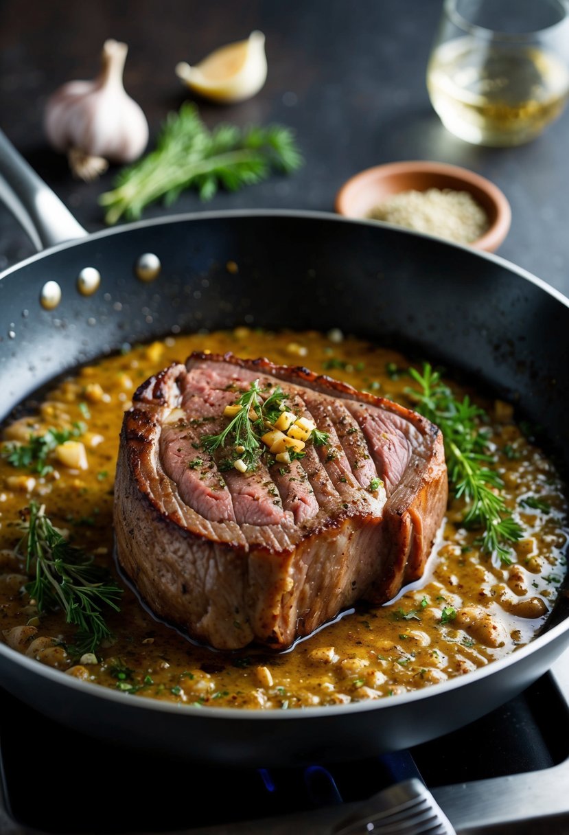 A sizzling eye of round steak searing in a hot skillet with garlic and herbs