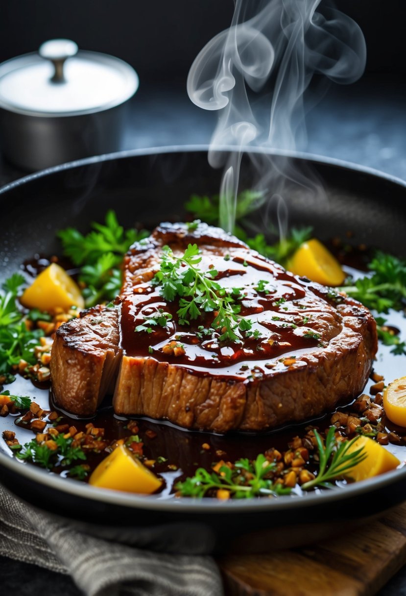 A sizzling steak sizzling in a rich balsamic sauce, surrounded by fresh herbs and spices, with a hint of steam rising from the dish