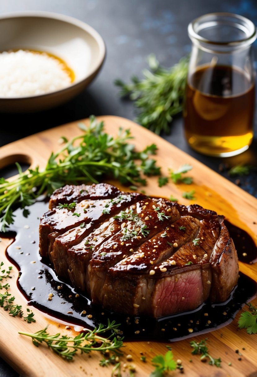 A sizzling beef eye steak marinating in honey balsamic glaze, surrounded by fresh herbs and spices on a wooden cutting board