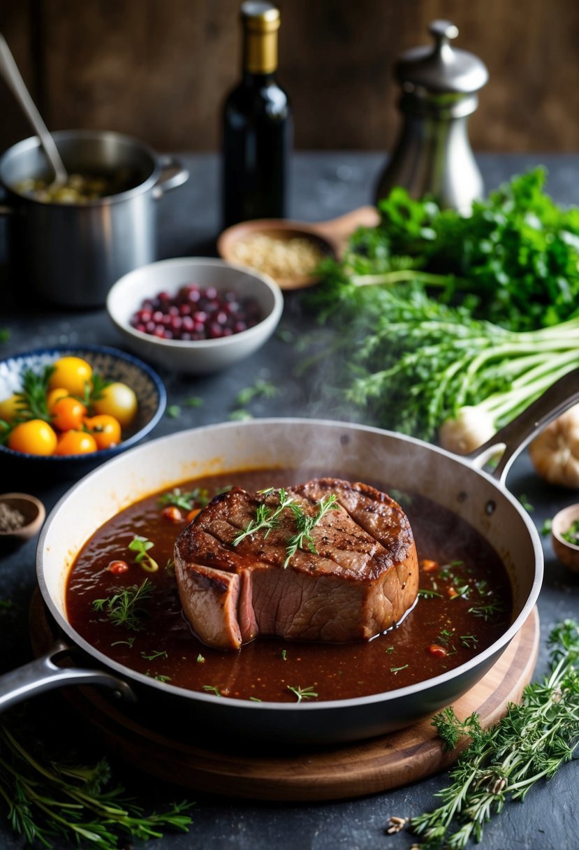 A sizzling eye of round steak simmers in a rich red wine sauce, surrounded by aromatic herbs and vegetables in a rustic kitchen setting