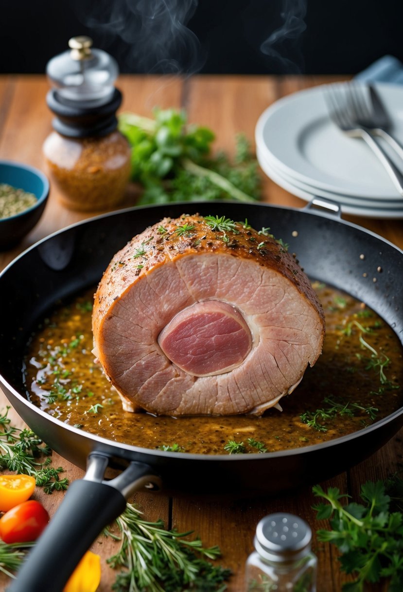 A succulent eye of round roast sizzling in a hot skillet, surrounded by aromatic herbs and spices