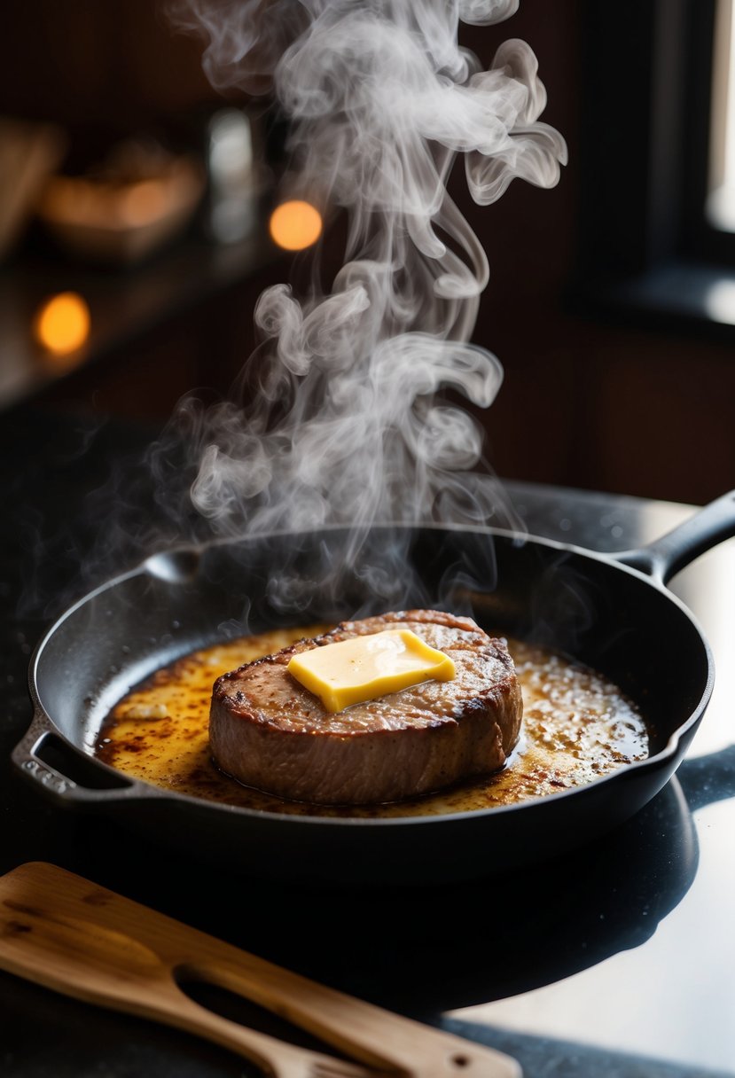 A sizzling hot skillet with a butter-basted round steak cooking, emitting aromatic steam