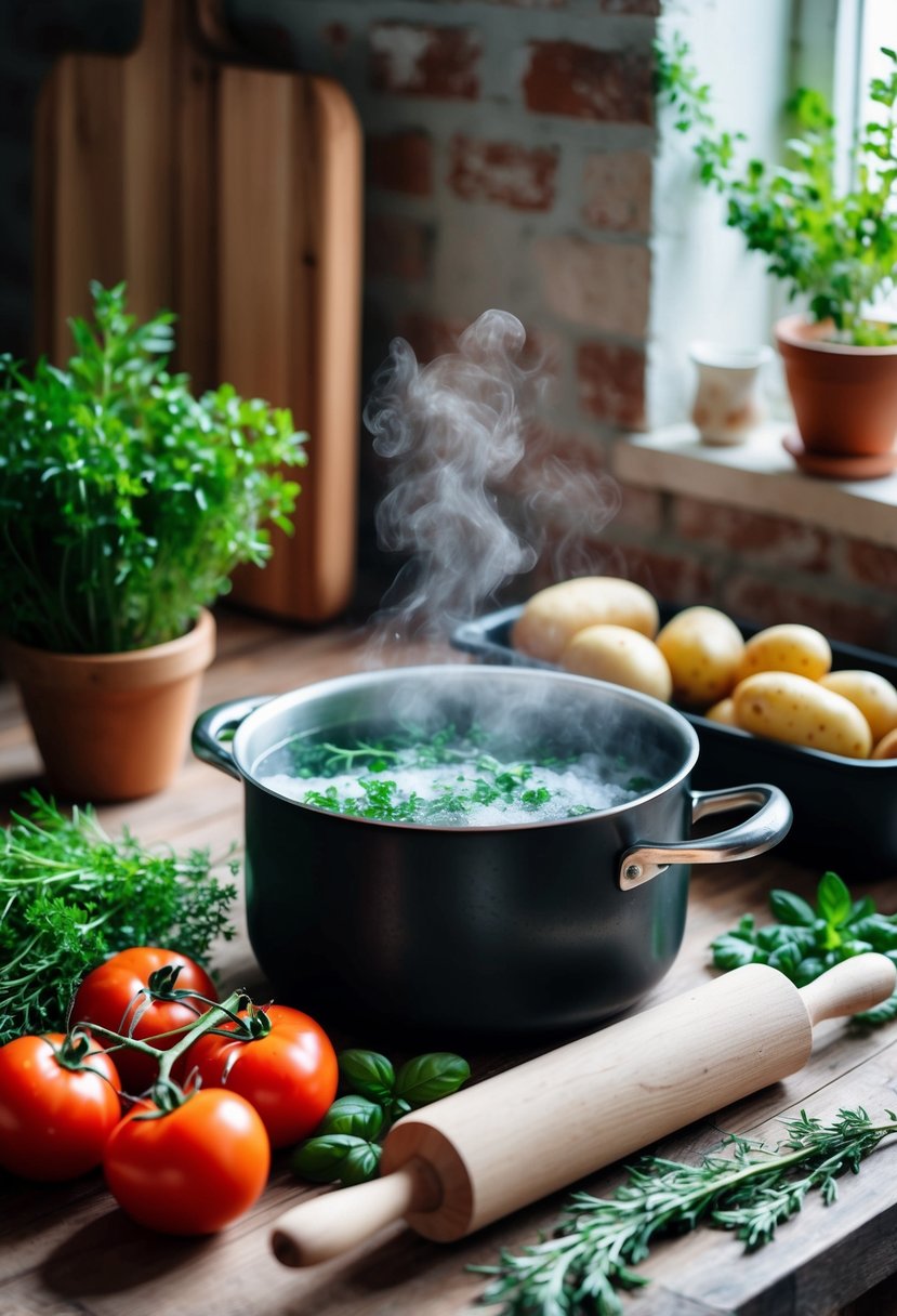 A rustic kitchen with fresh herbs, tomatoes, and potatoes, a pot of boiling water, and a wooden rolling pin