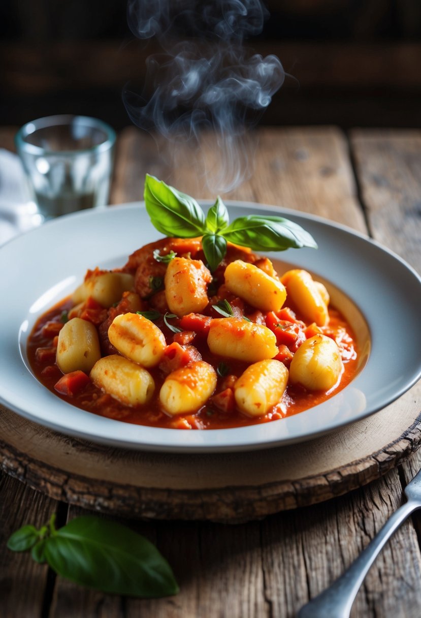 A steaming plate of gnocchi in rich tomato sauce, garnished with fresh basil leaves, sits on a rustic wooden table